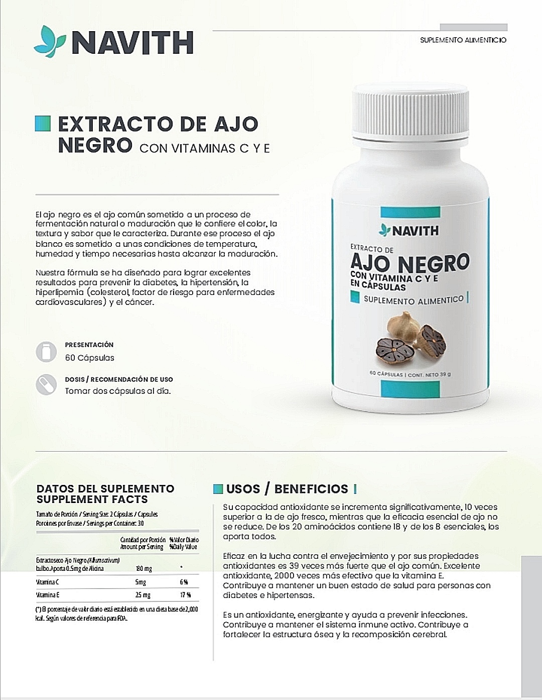 EXTRACTO DE AJO NEGRO CON VITAMINA C Y E NAVITH 60 CÁPSULAS
